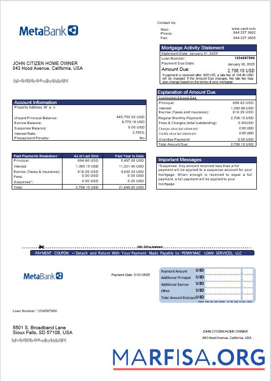 Realistic USA Meta Bank card mortgage statement in Word and PDF formats template